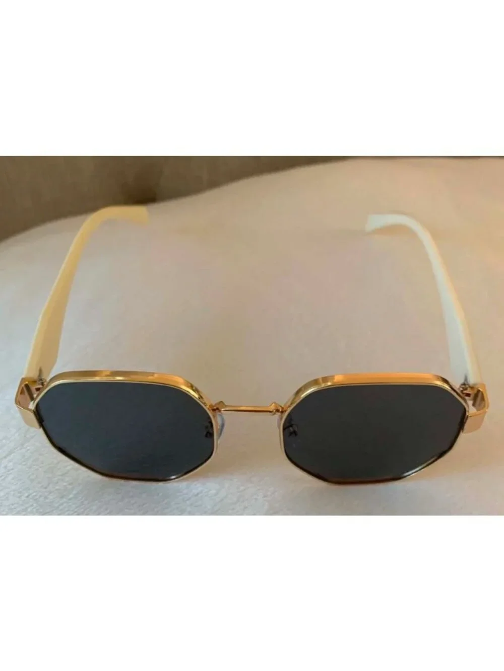 Unisex Octagon Gold Frame Sunglasses With Grey/Black Lenses & Ivory White Arms
